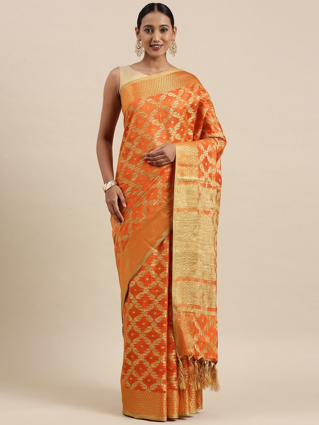 

DIVASTRI Woven Design Zari Silk Cotton Banarasi Saree, Orange