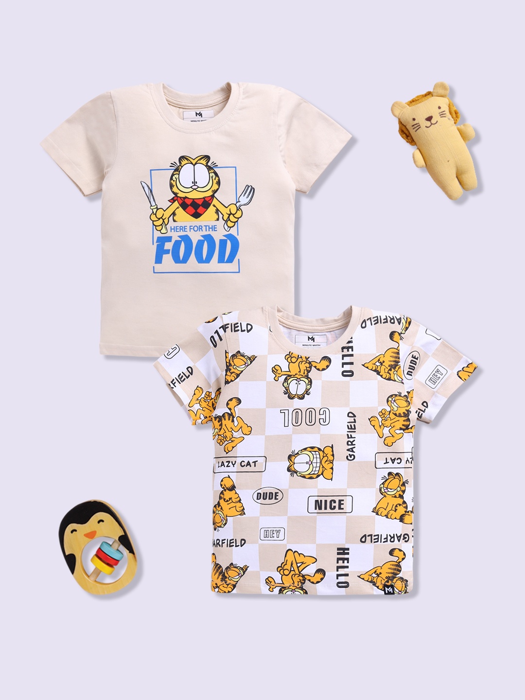 

YK X Minute Mirth Boys Set of 2 Garfield Printed Pure Cotton T-shirts, Beige