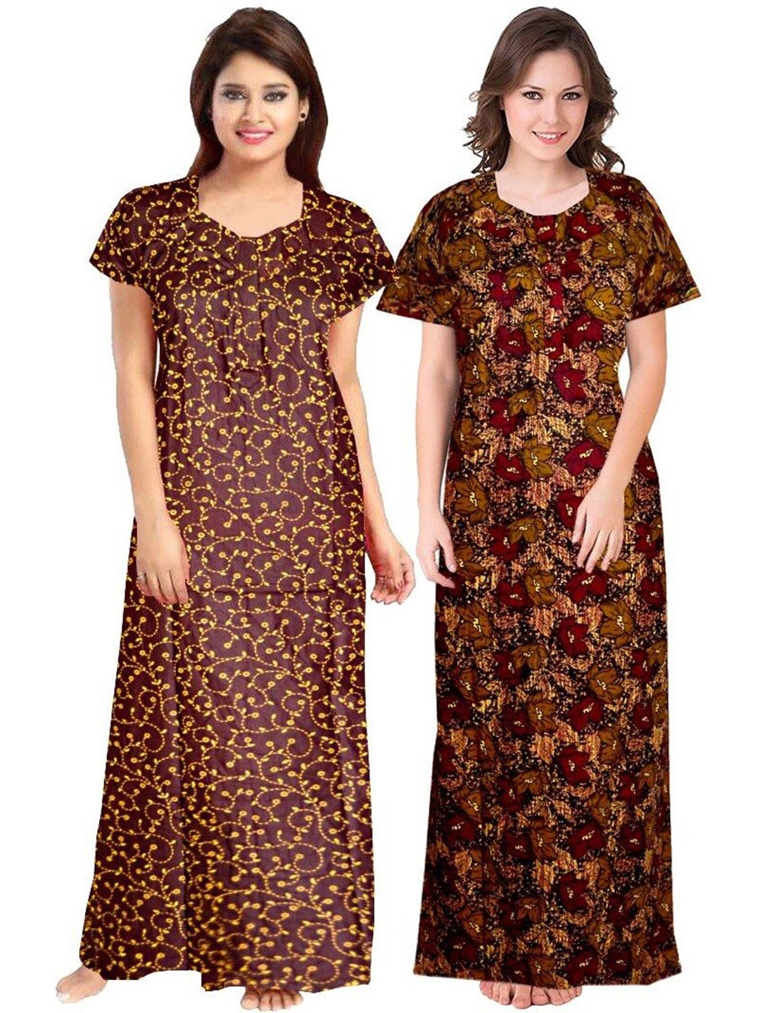 

PR PINK ROYAL Women Pack Of 2 Printed Cotton Maxi Nighty, Brown