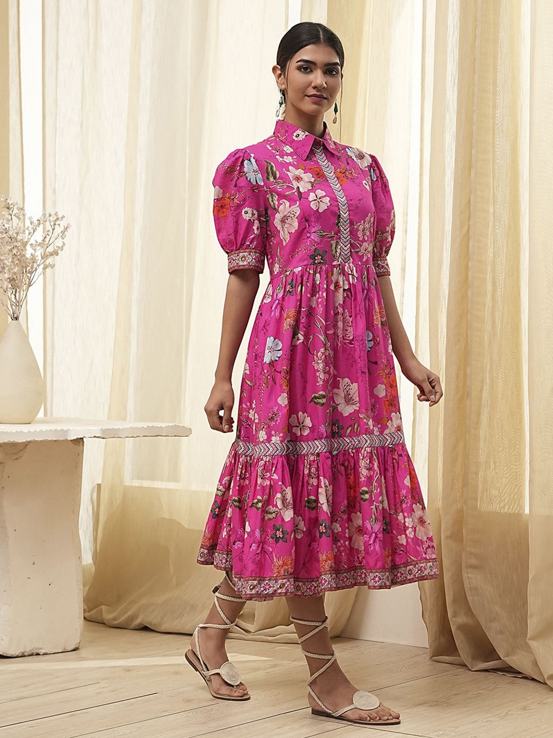 

Biba Women Cotton Floral Print Puff Sleeve Midi Dress, Pink