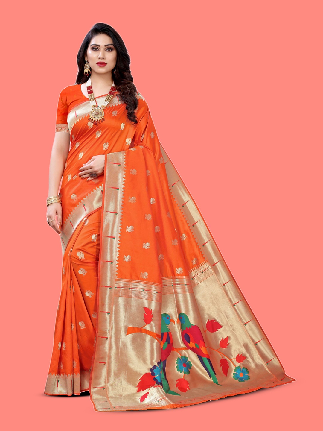 

DIVASTRI Woven Design Zari Silk Blend Paithani Saree, Orange