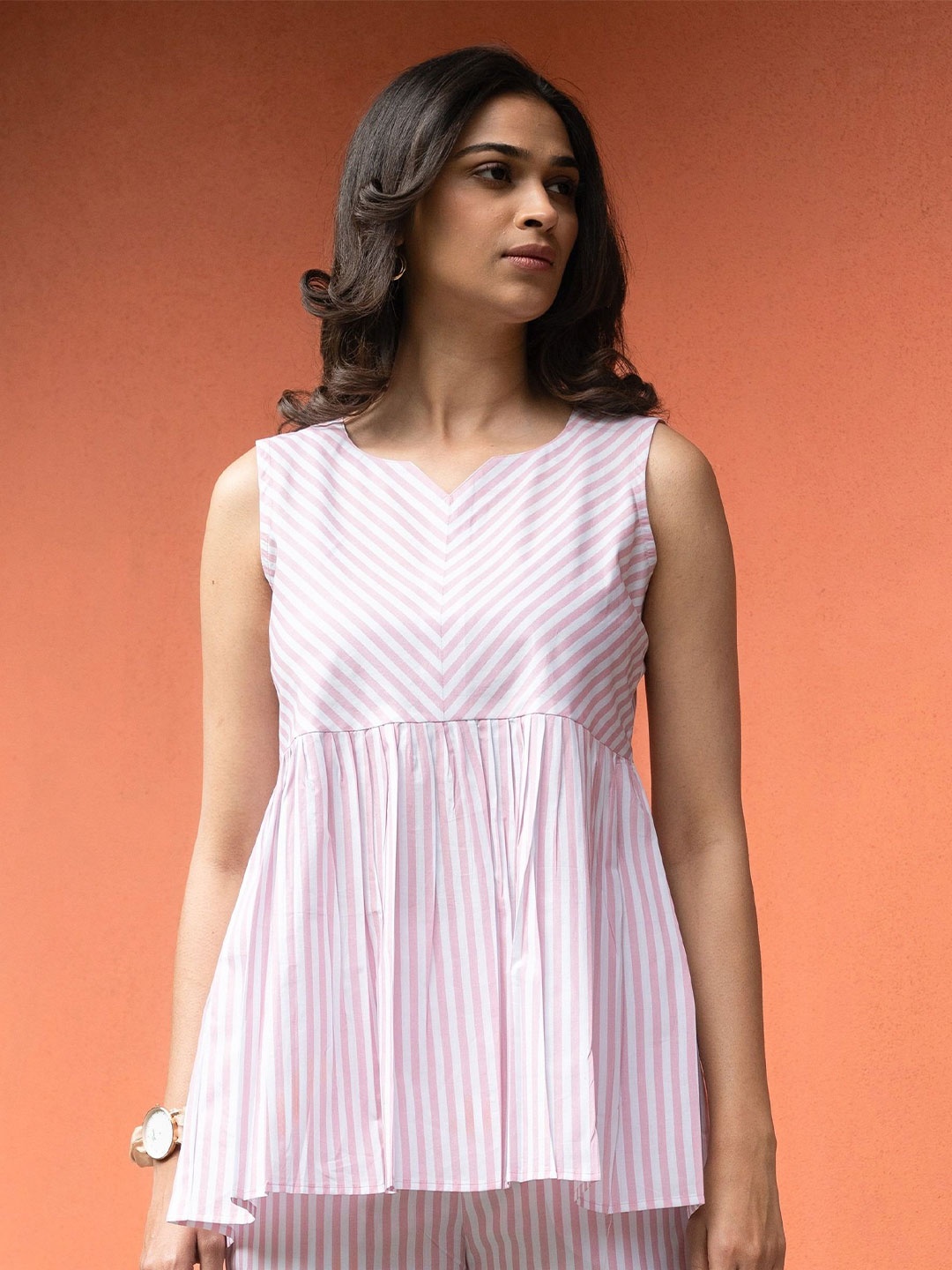 

GULABOSITABO Striped Pure Cotton Sleeveless A-Line Top, Pink