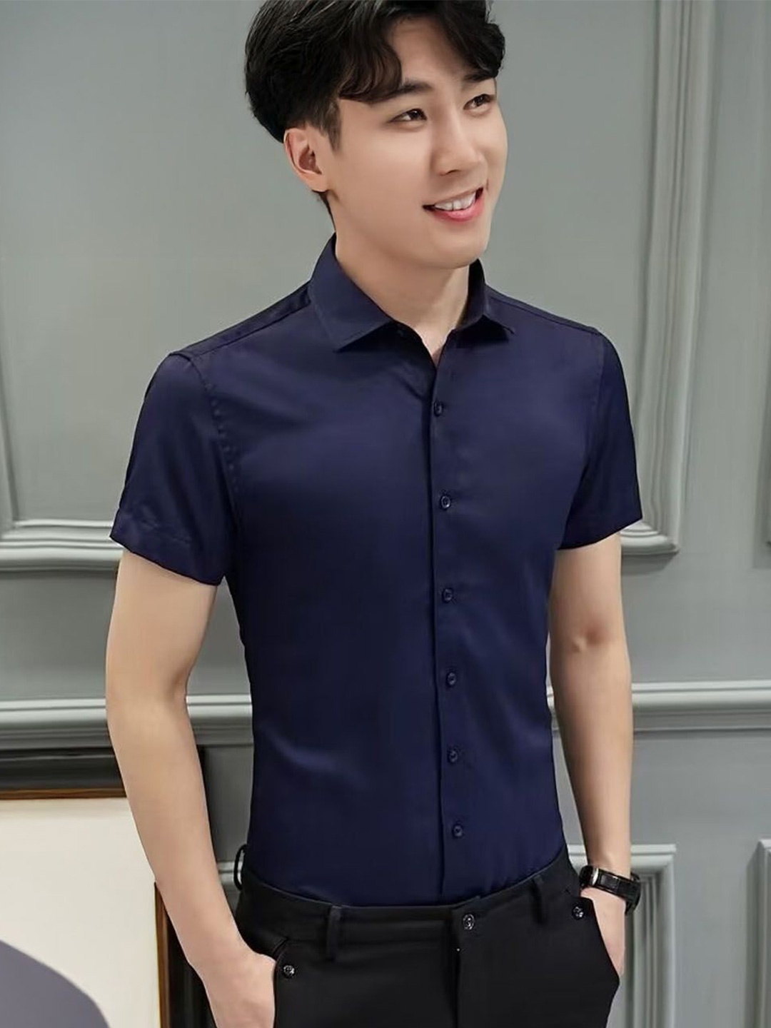 

StyleCast Men Slim Fit Spread Collar Solid Casual Shirt, Navy blue