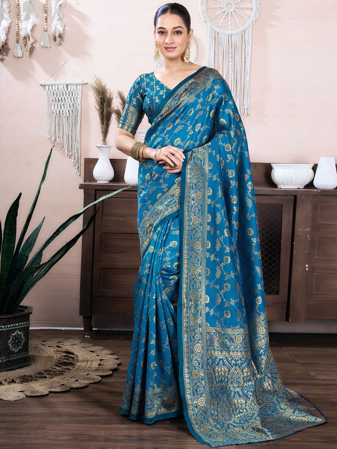 

KALINI Woven Design Zari Silk Blend Banarasi Saree, Blue