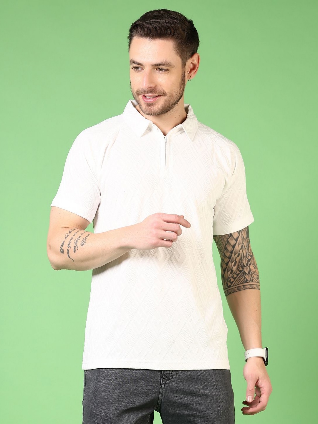 

V-Mart Men Self Design Polo Collar Cotton T-shirt, Off white