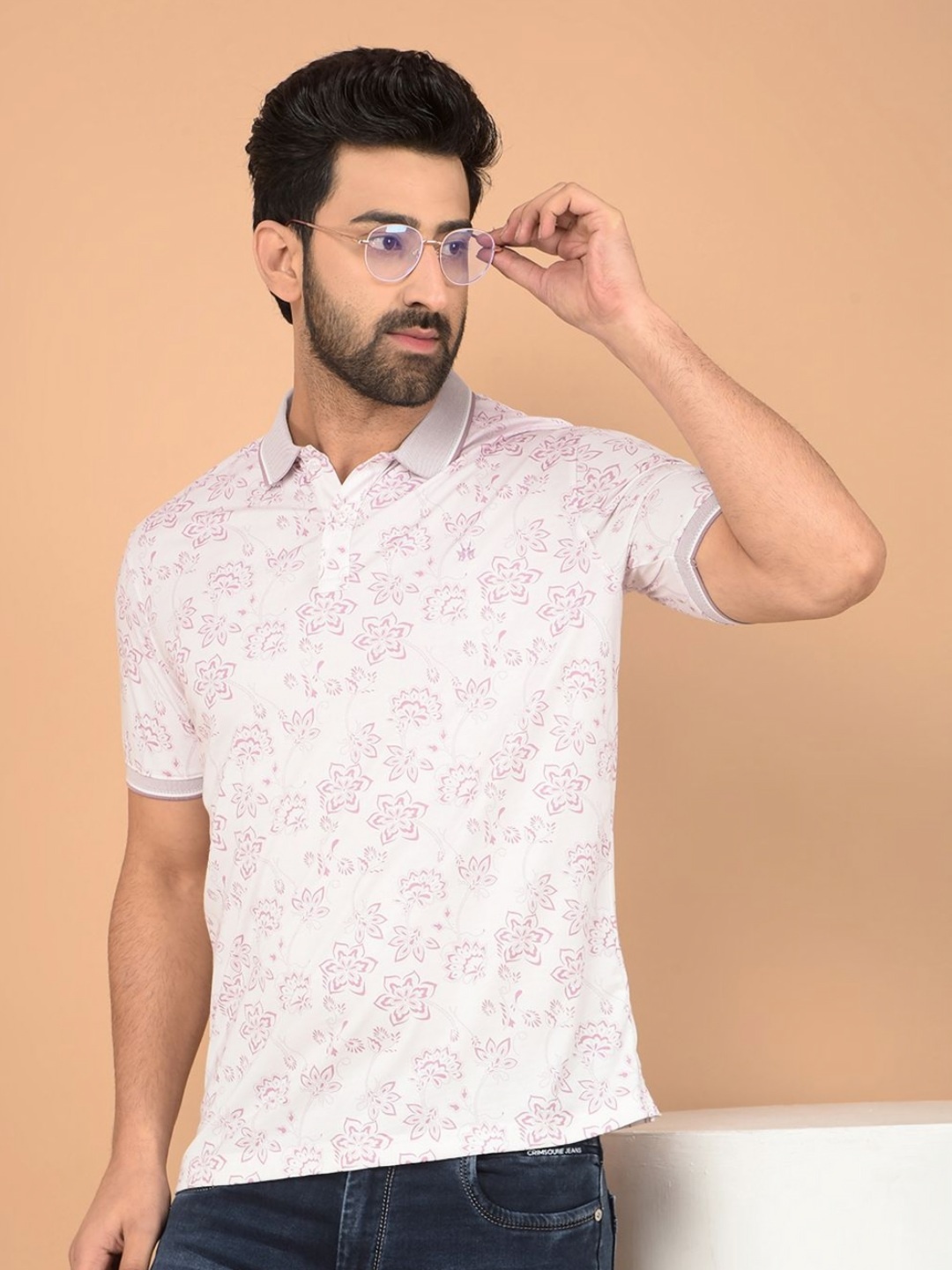 

Crimsoune Club Men Floral Printed Polo Collar Cotton Slim Fit T-shirt, Pink