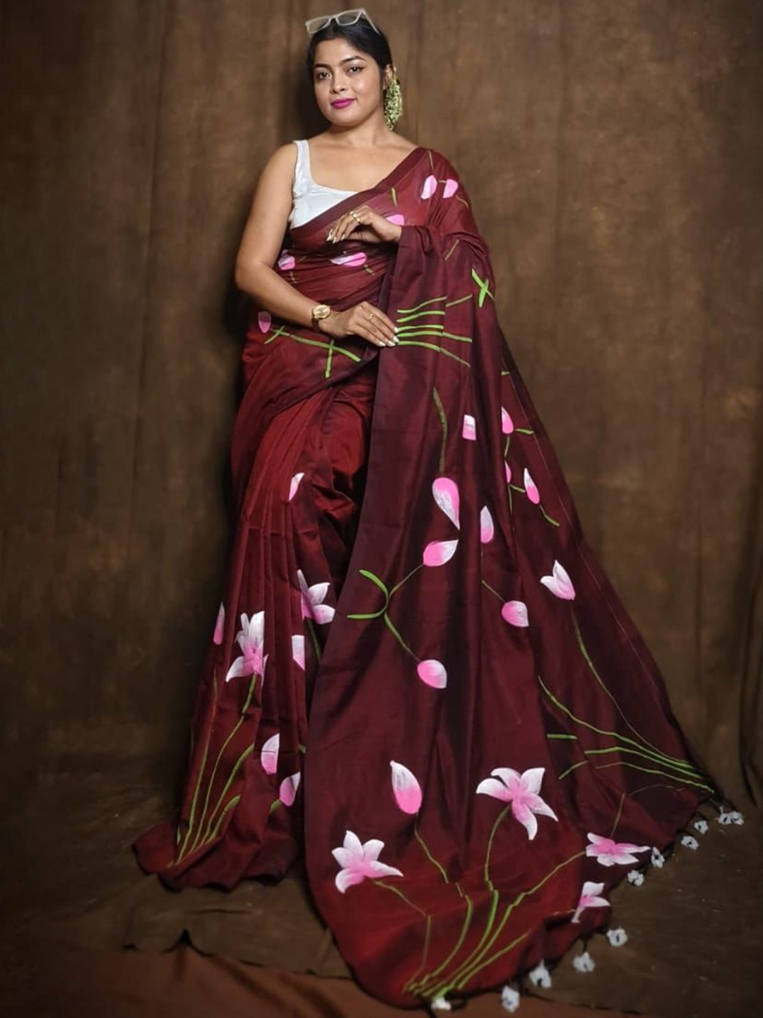 

SRILOK Floral Pure Cotton Saree, Maroon