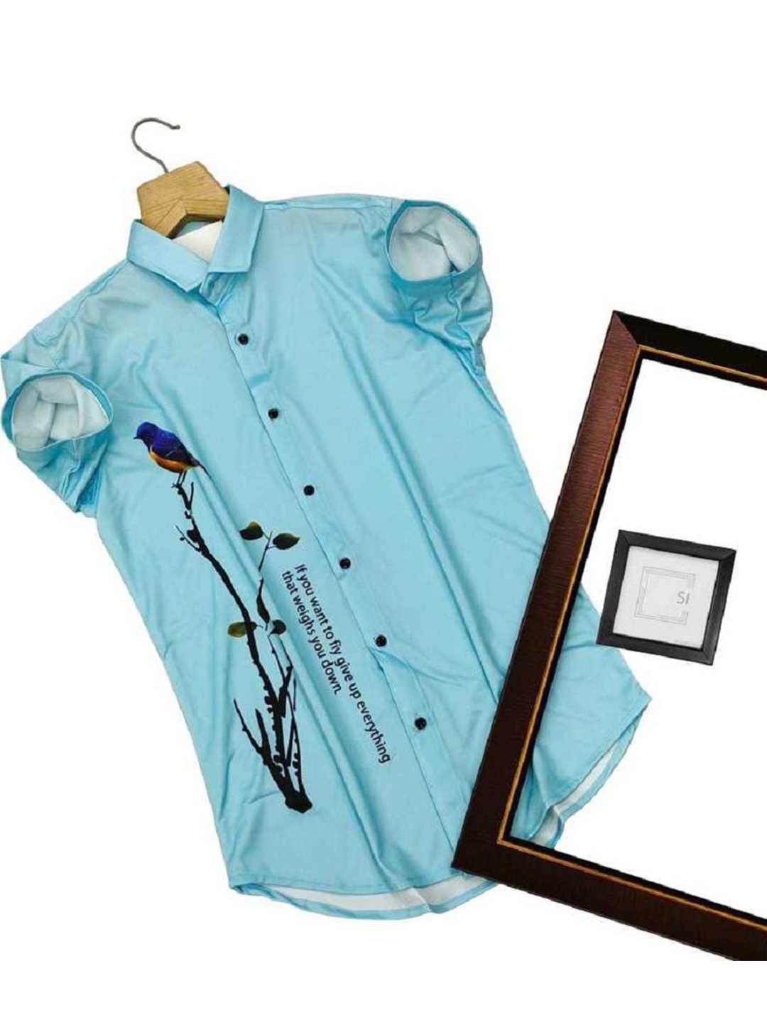 

iCome Men Spread Collar Graphic Printed Cotton Linen Casual Shirt, Blue