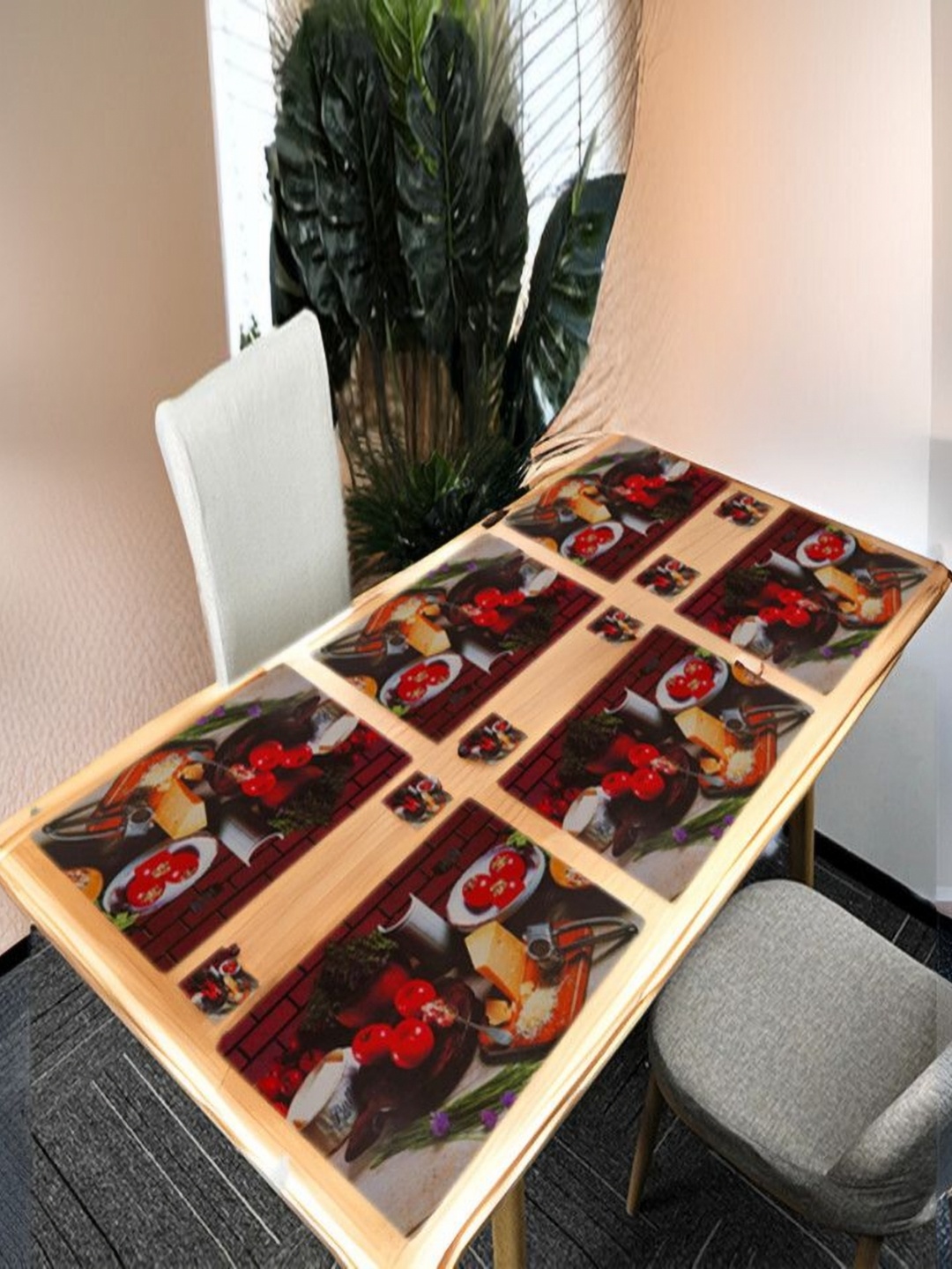 

REVEXO Red & White 12 Pieces Printed Table Placemats & Coasters, Brown