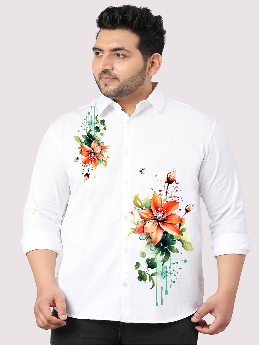 

Guniaa Men Plus Size Classic Fit Spread Collar Floral Printed Cotton Party Shirt, White