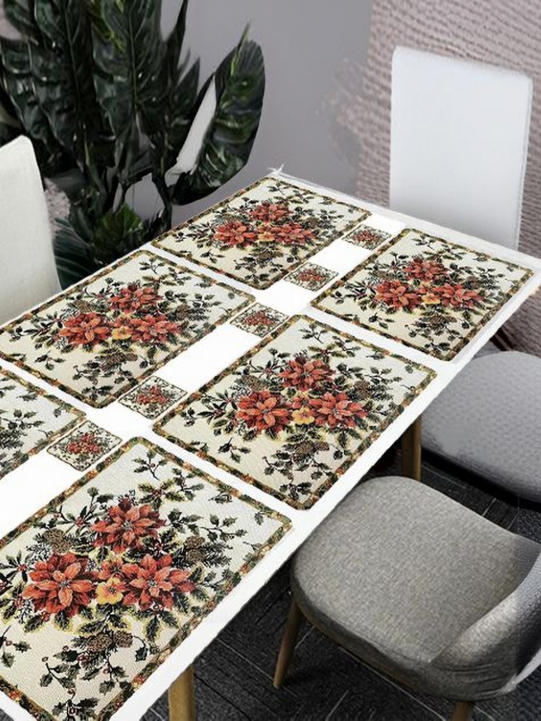 

REVEXO 6Pc White & Green Printed Rectangle Costers & Table Placemats