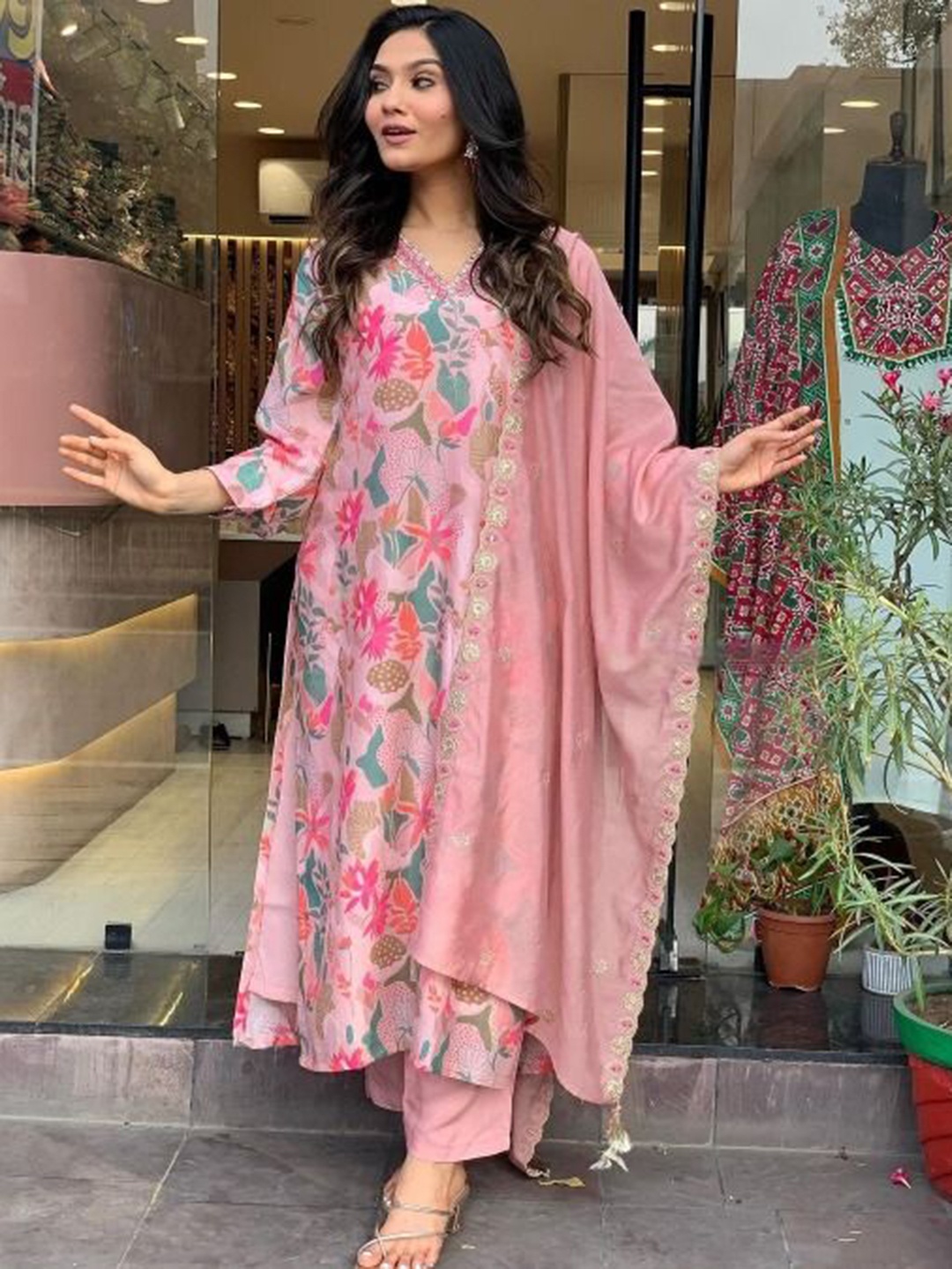 

KALINI Floral Printed V Neck Mirror Work With Trousers & Dupatta, Pink