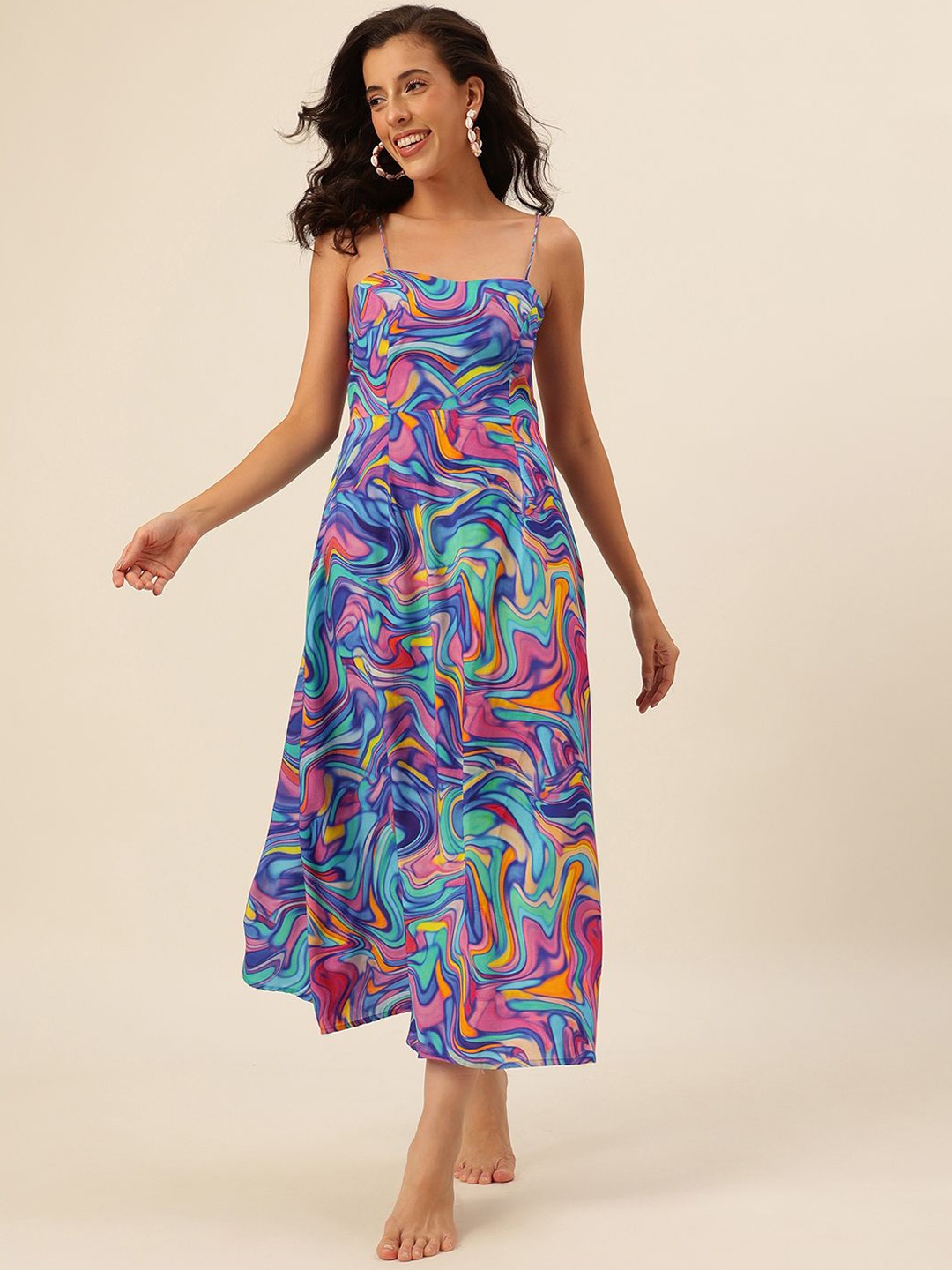 

CUKOO Women Abstract Printed Shoulder Straps Georgette A-line Midi Dress, Blue