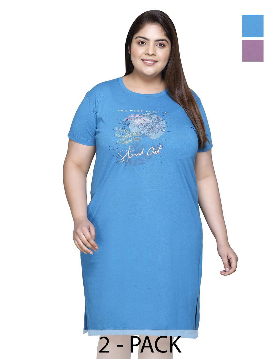 

IN Love Pack of 2 Women Plus Size Front Printed Cotton Nighty Chemise, Blue