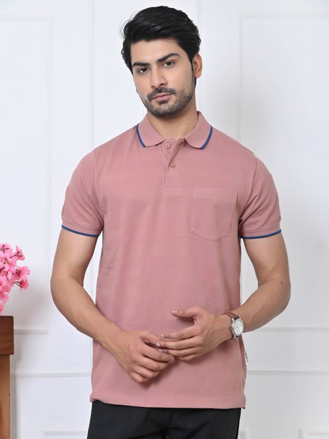 

ARBOUR Men Self Design Polo Collar Cotton Slim Fit T-shirt, Pink