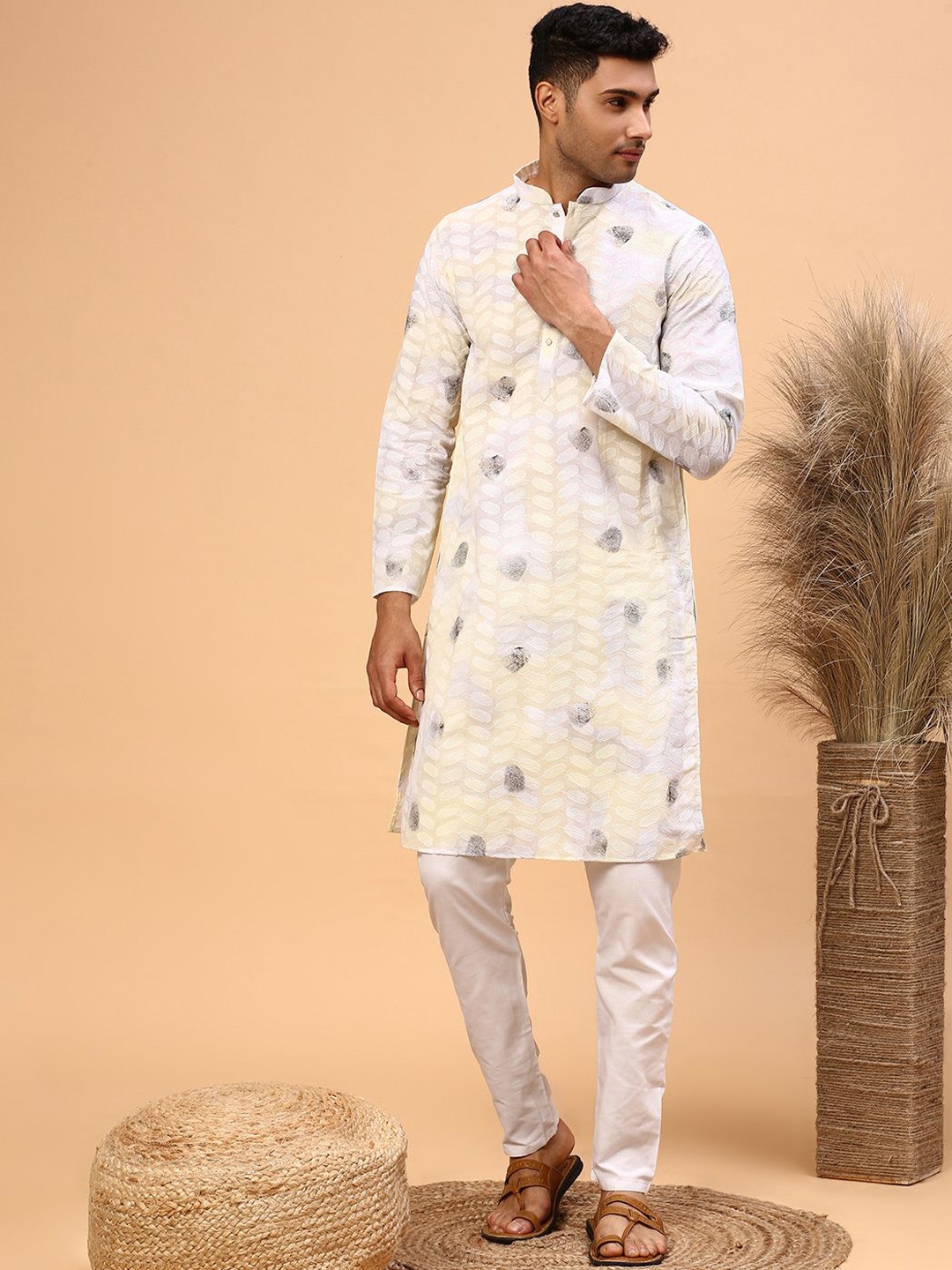 

CS EL Woven Design Mandarin Collar Cotton Jacquard Straight Kurta, Cream
