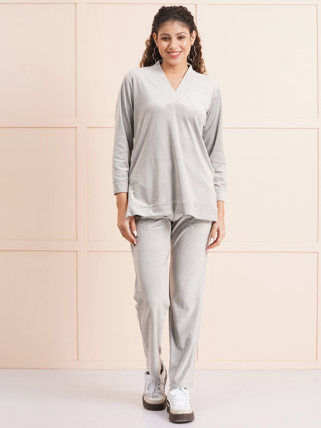 

Lahaba V-Neck Long Sleeves Top With Trousers Co-Ords, Grey