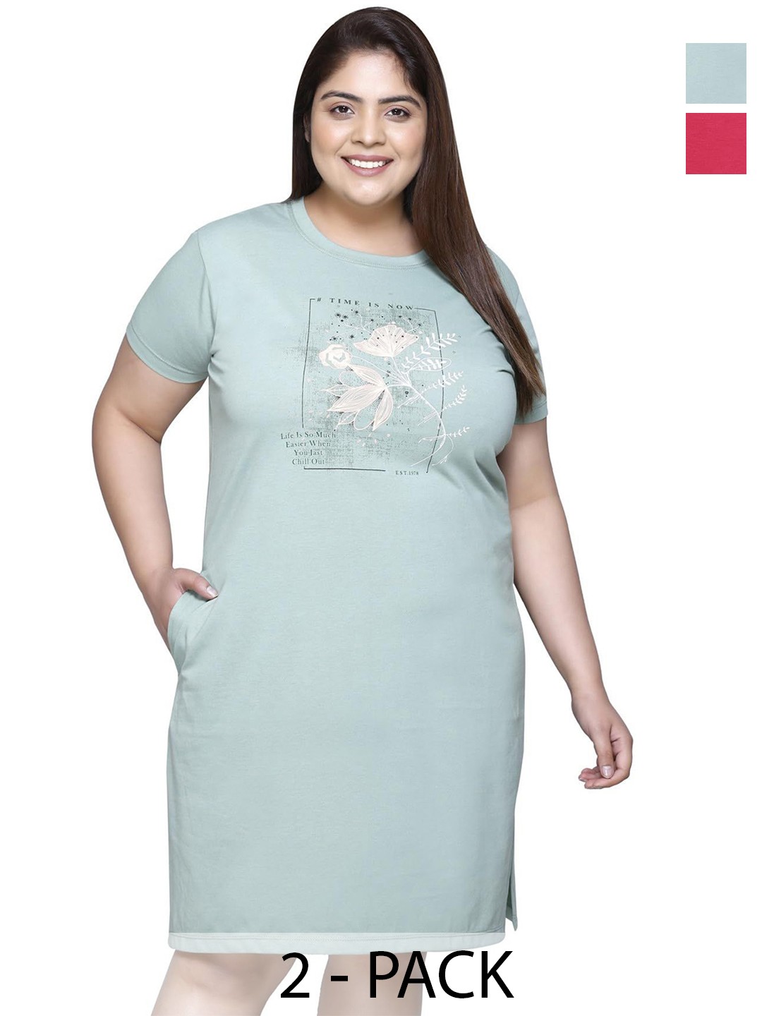 

IN Love Pack of 2 Women Plus Size Front Printed Cotton Nighty Chemise, Green