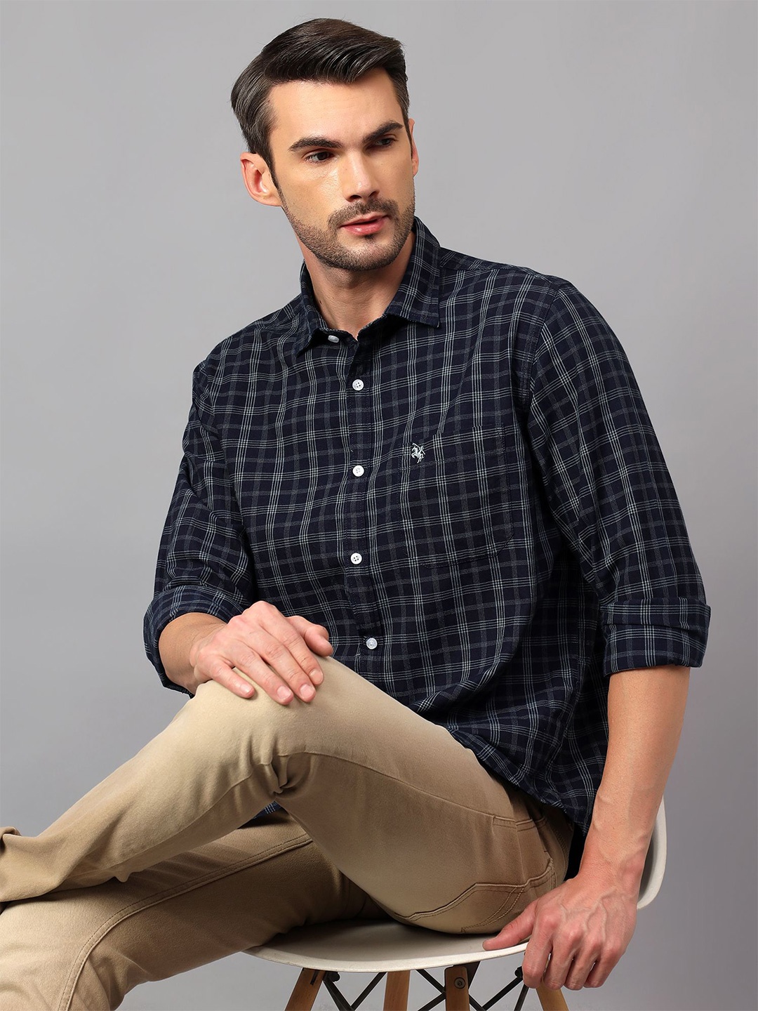 

Cantabil Men Comfort Fit Spread Collar Checked Cotton Casual Shirt, Navy blue