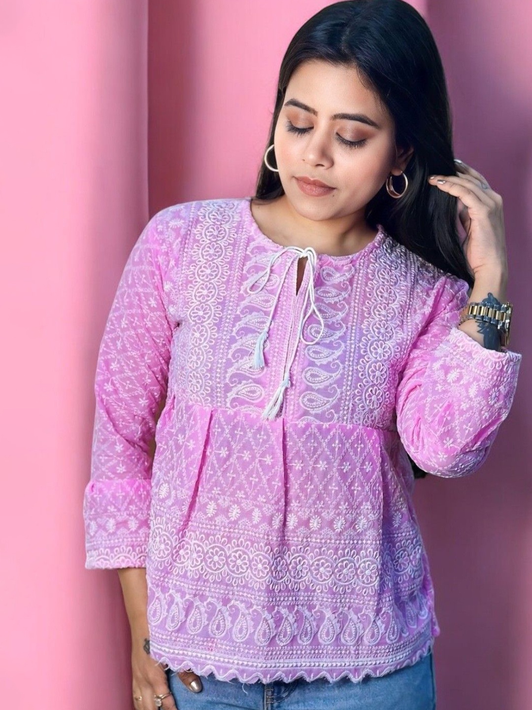 

HOW House Of Wear Georgette Chikankari Peplum Top, Pink