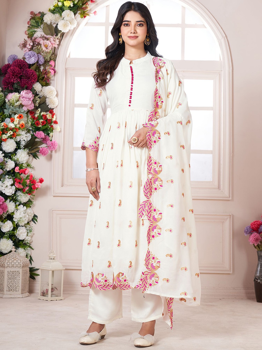 

KALINI Ethnic Motifs Embroidered Mandarin Collar A-Line Kurta With Trousers & Dupatta, White