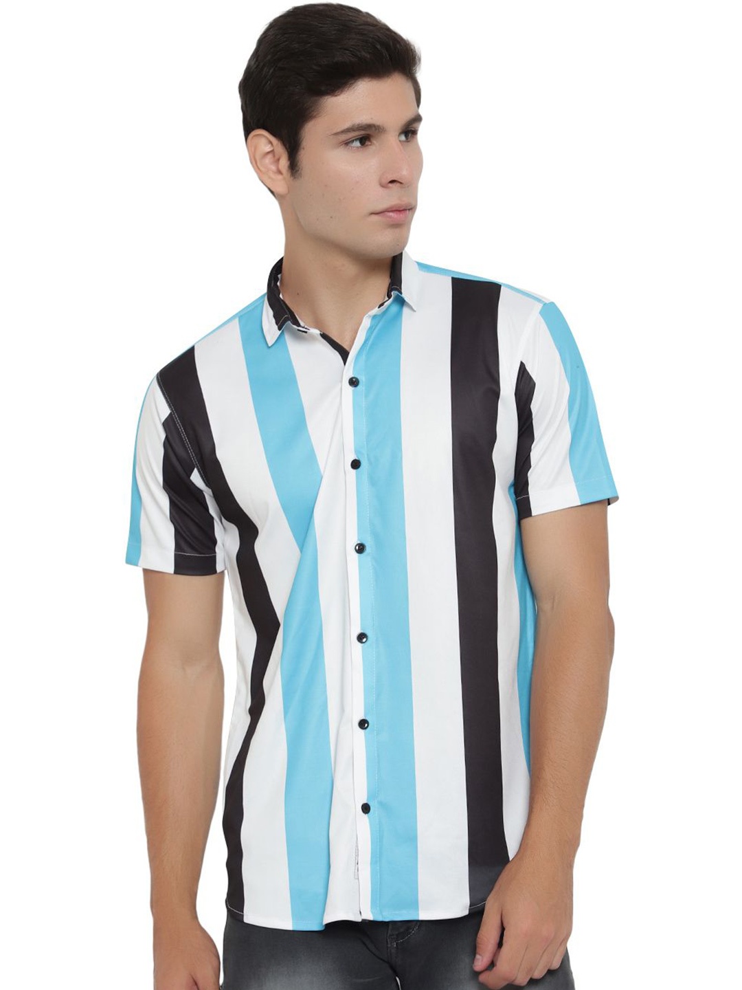 

iCome Men Spread Collar Vertical Striped Cotton Linen Casual Shirt, White