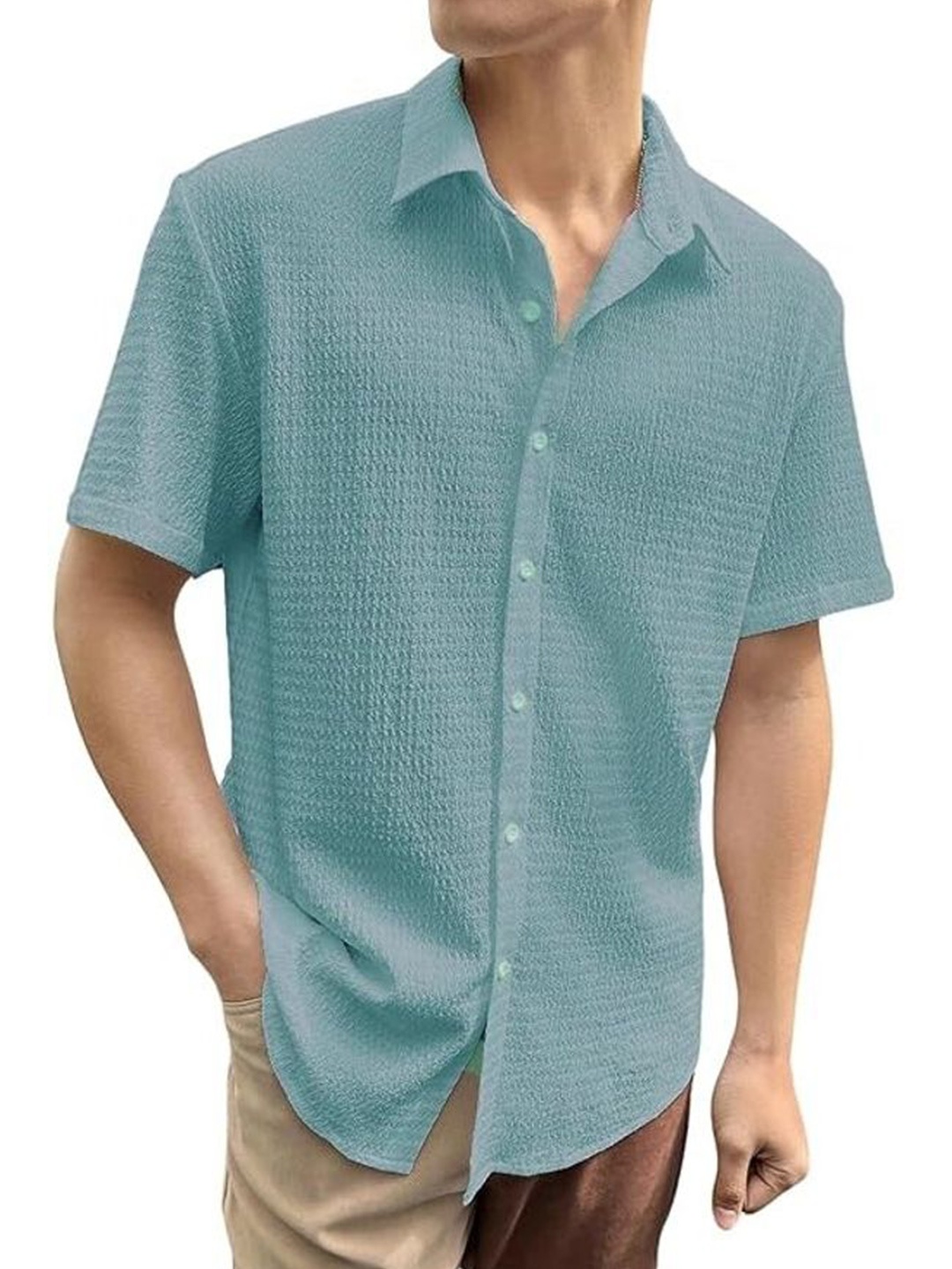 

iCome Men Relaxed Fit Spread Collar Textured Casual Shirt, Teal