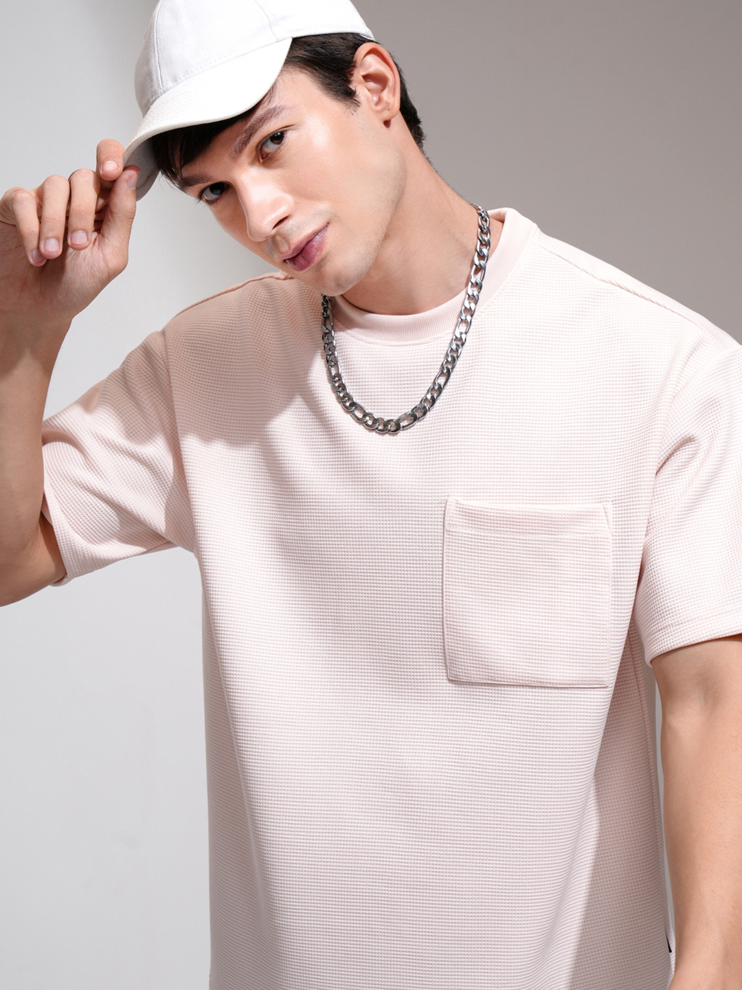 

HIGHLANDER Men Self Design Round Neck Relaxed Fit T-shirt, Peach