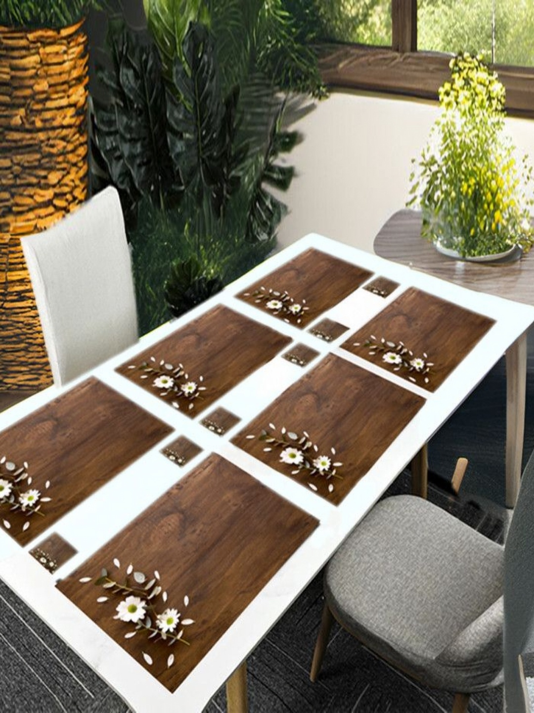 

REVEXO Brown & White 12 Pieces Printed Table Placemats & Coasters