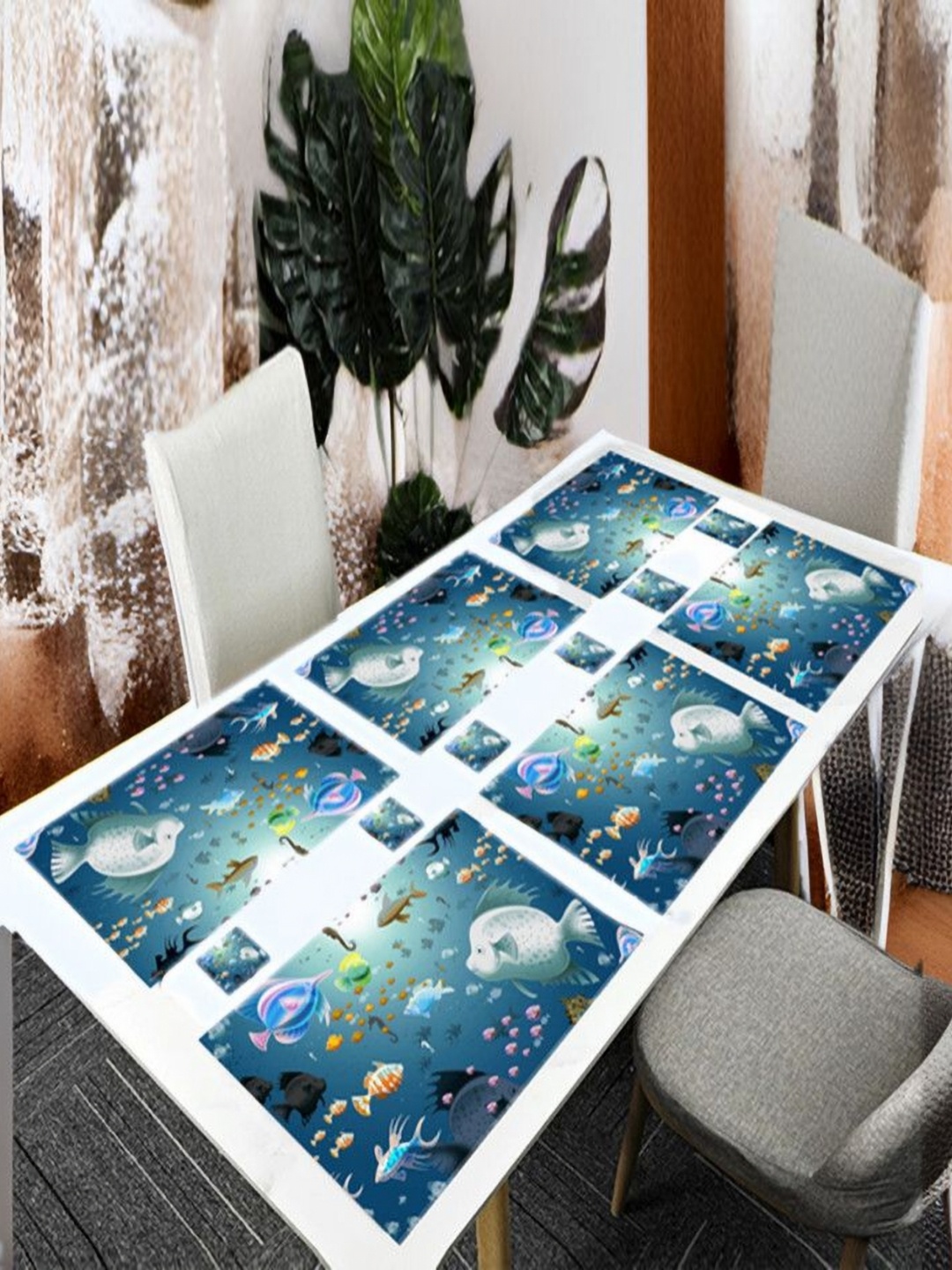 

REVEXO Blue & White 12 Pieces Printed Table Placemats & Coasters