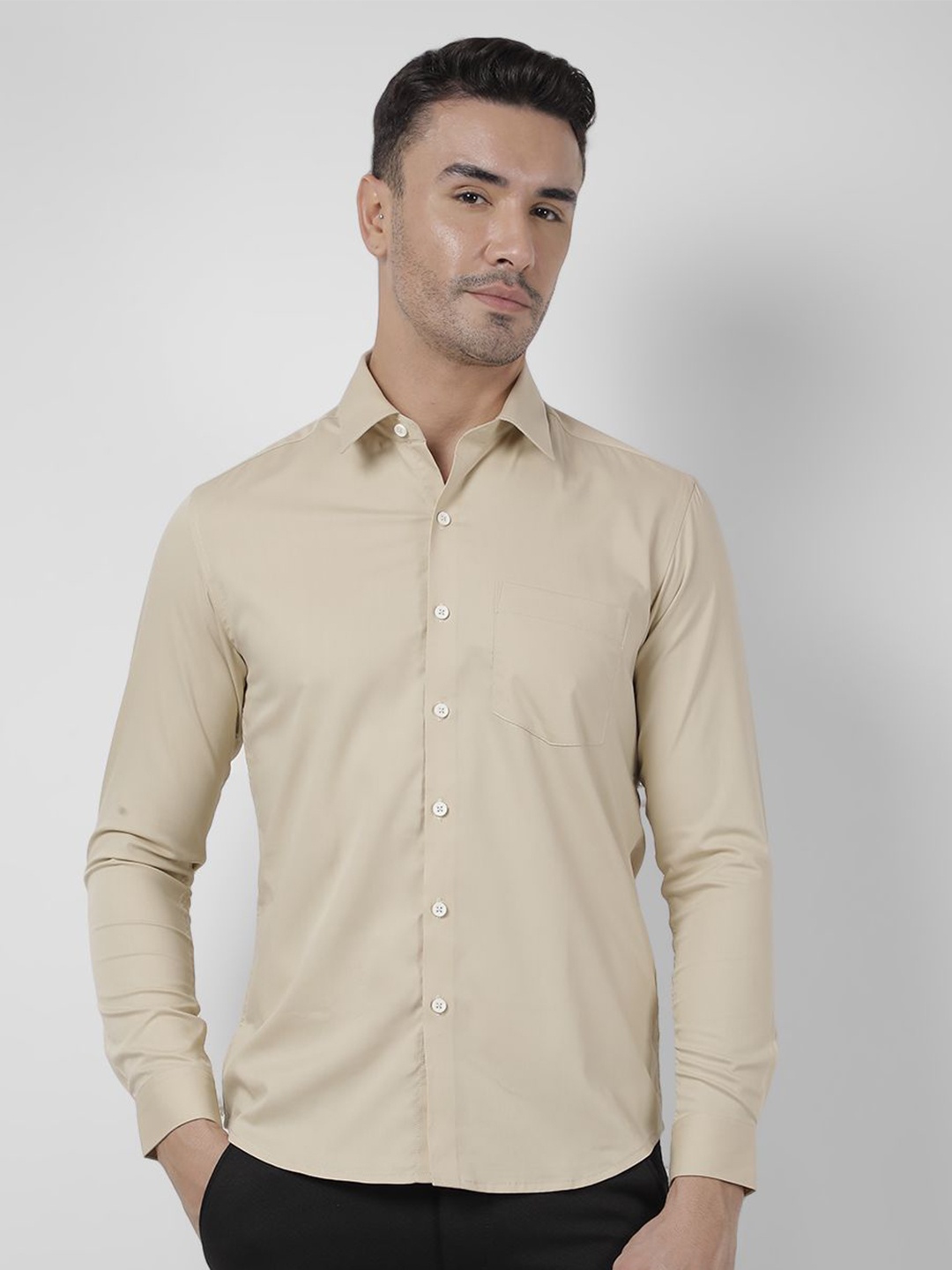 

Numero Uno Men Slim Fit Spread Collar Solid Cotton Casual Shirt, Beige