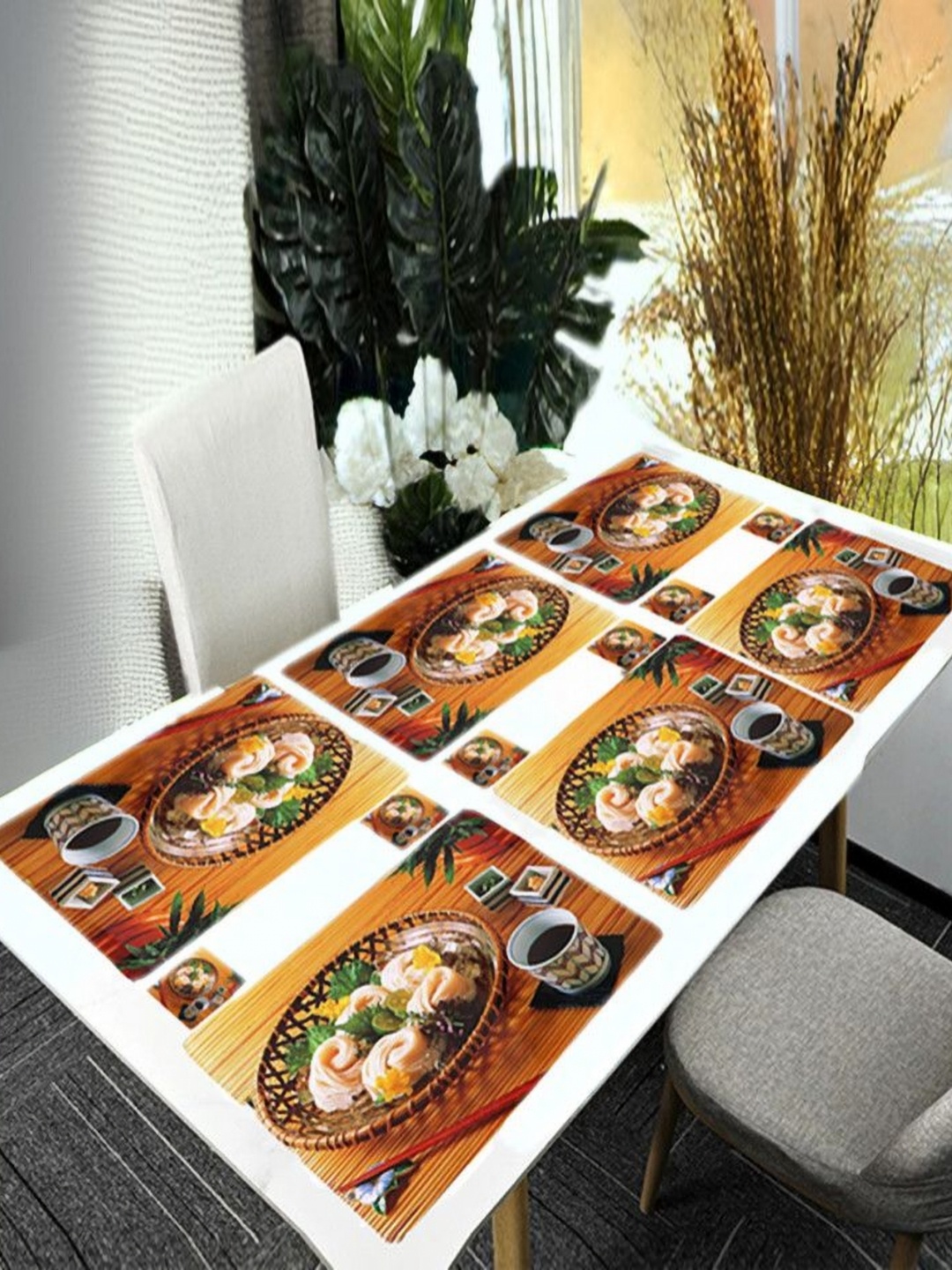 

REVEXO 12-Pcs Brown & White Printed Table Placemats&Coasters