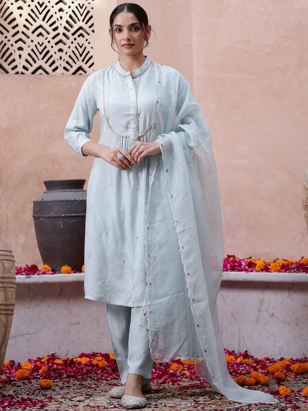 

Sangria Blue Floral Embroidered Mandarin Collar A-Line Kurta With Trousers And Dupatta