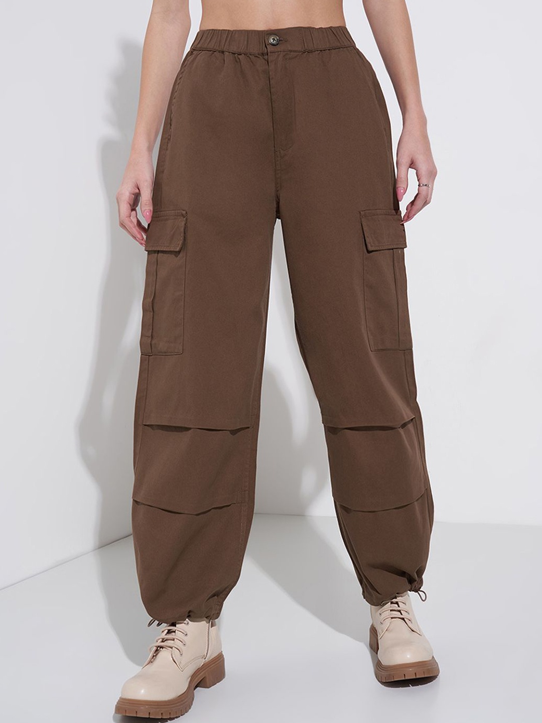 

SF JEANS by Pantaloons Women Pure Cotton High-Rise Cargos Trousers, Brown
