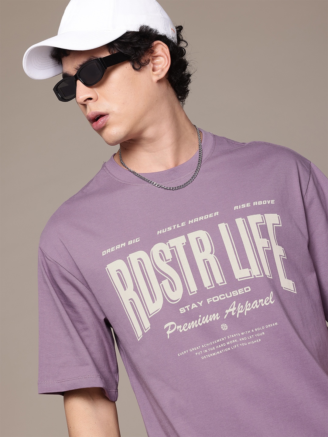 

Roadster The Lifestyle Co Brand Logo Print Drop-Shoulder Sleeves Pure Cotton T-shirt, Purple