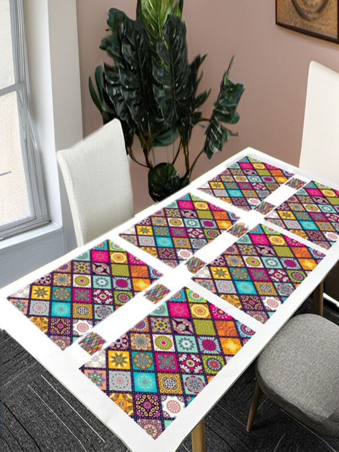 

REVEXO Pink & Green 12 Pieces Printed Rectangular Table Placemats & Coasters