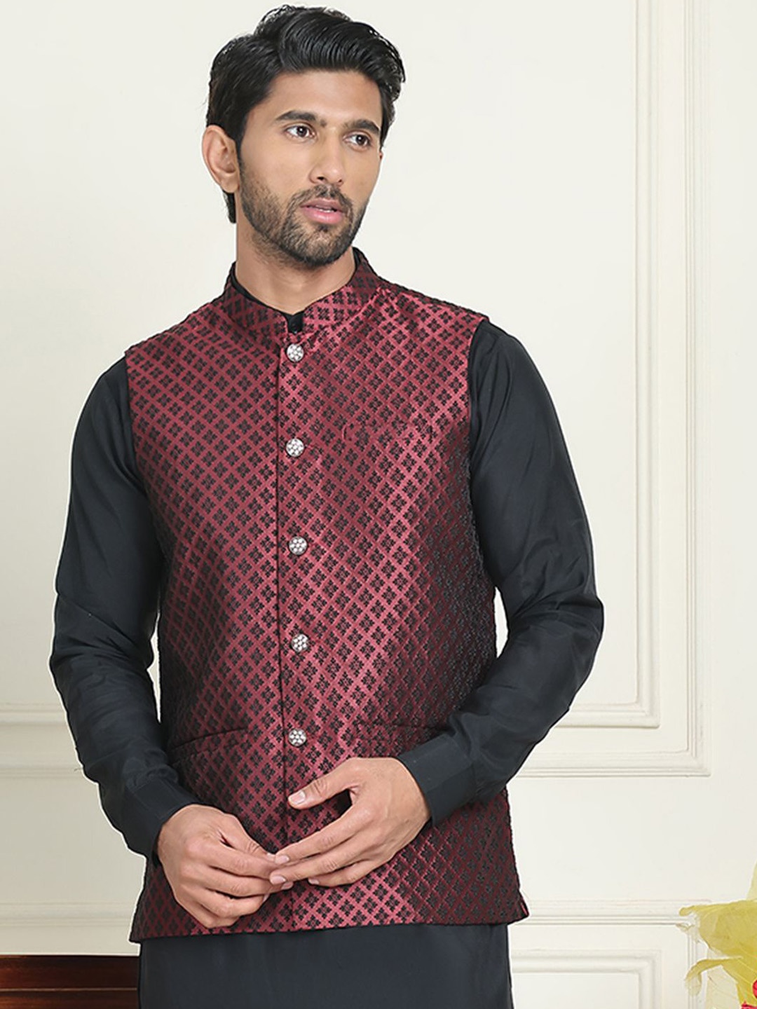 

Anouk Woven Design Mandarin Collar Neck Nehru Jacket, Maroon