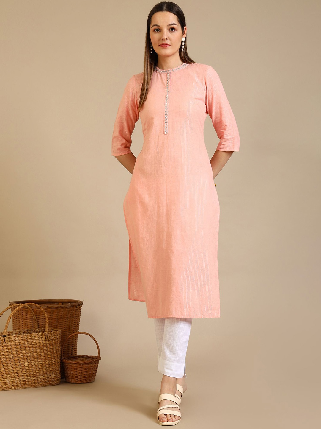 

AURELIA Band Collar Thread Work Pure Cotton Straight Kurta, Peach