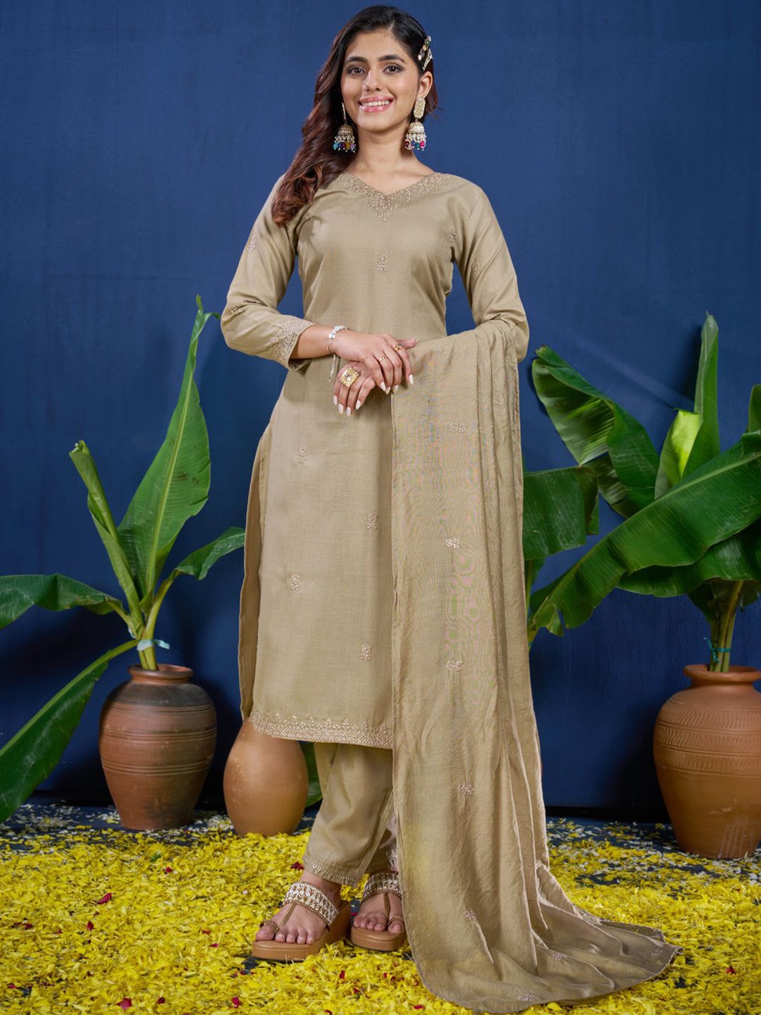 

ARADHNA Floral Embroidered Sequinned V-Neck Straight Kurta With Trousers & Dupatta, Khaki