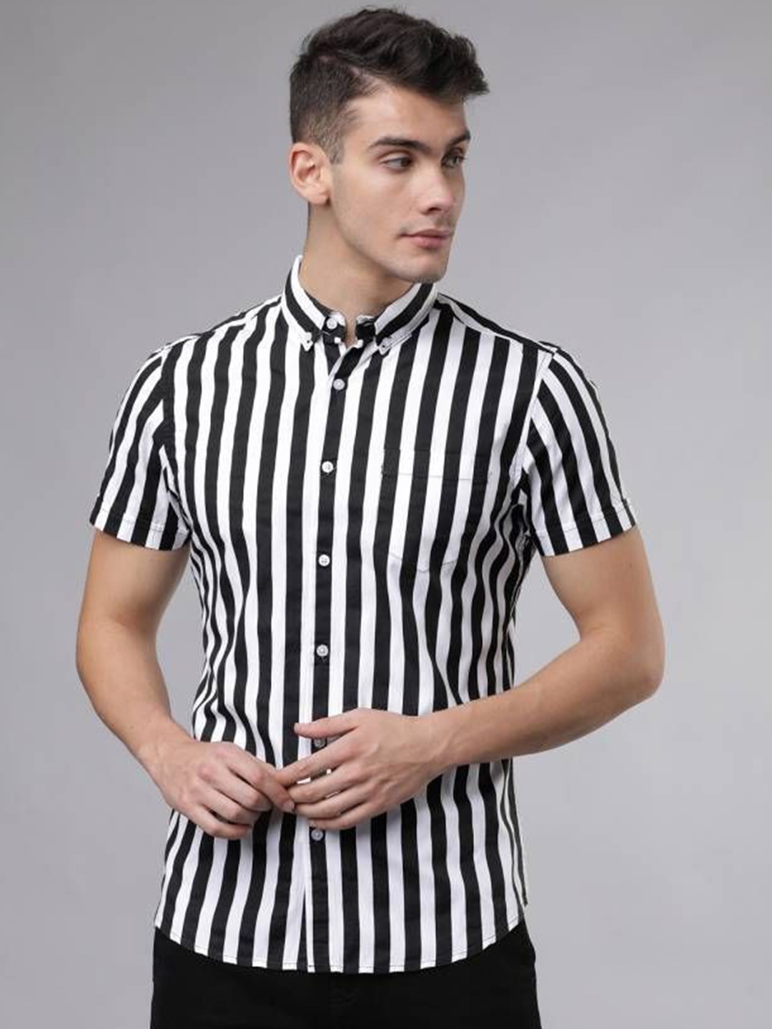 

iCome Men Spread Collar Vertical Striped Casual Shirt, Black