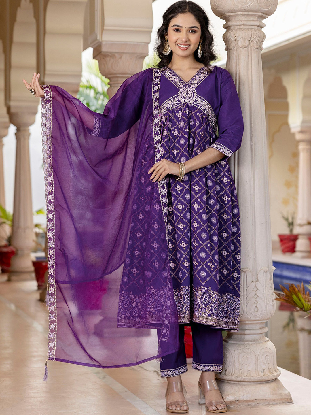 

Navlik Floral Embroidered Thread Work Chanderi Silk A-Line Kurta with Trouser & Dupatta, Purple