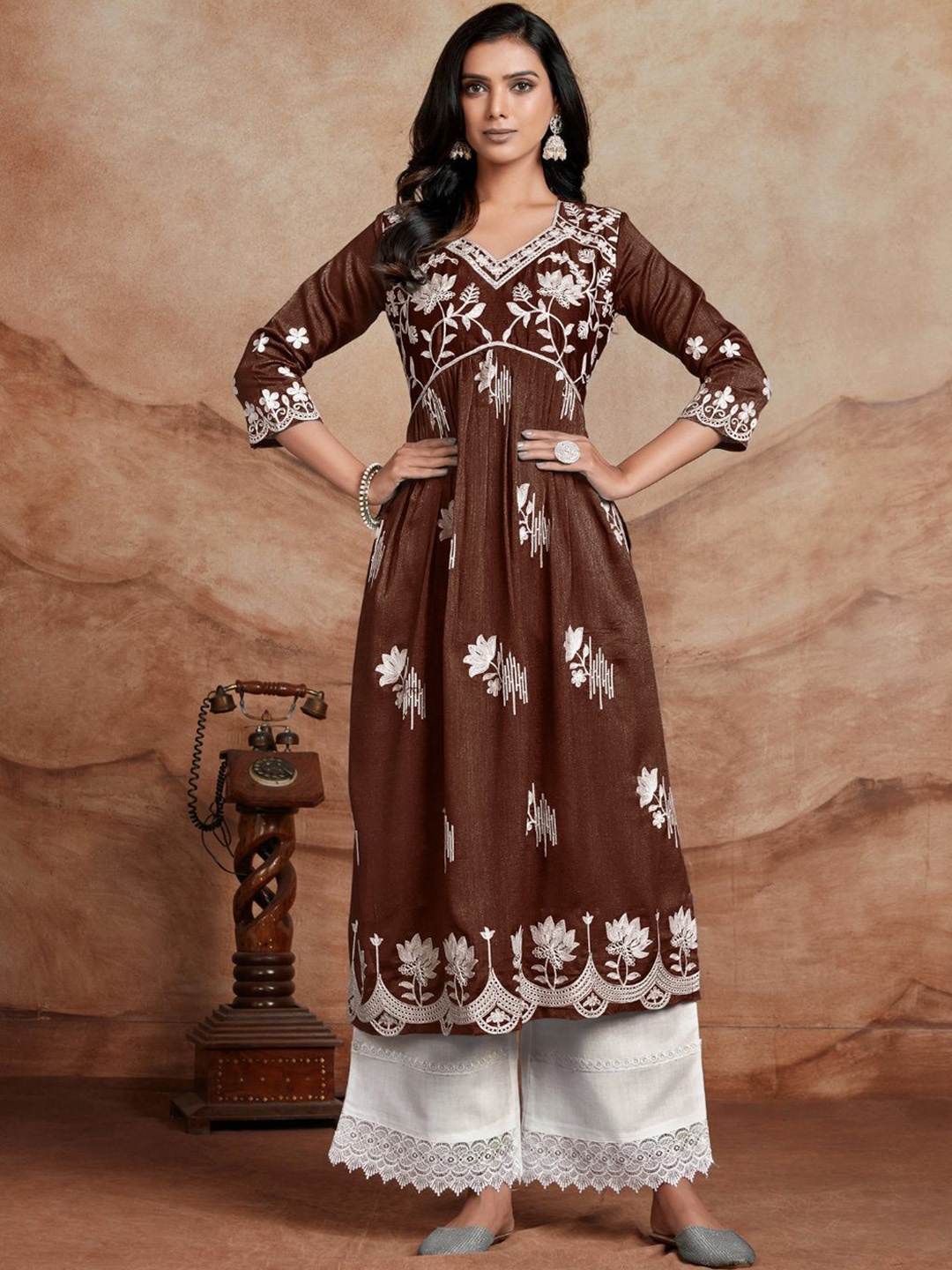 

KALINI Floral Embroidered V Neck A Line Chikankari Kurta, Brown