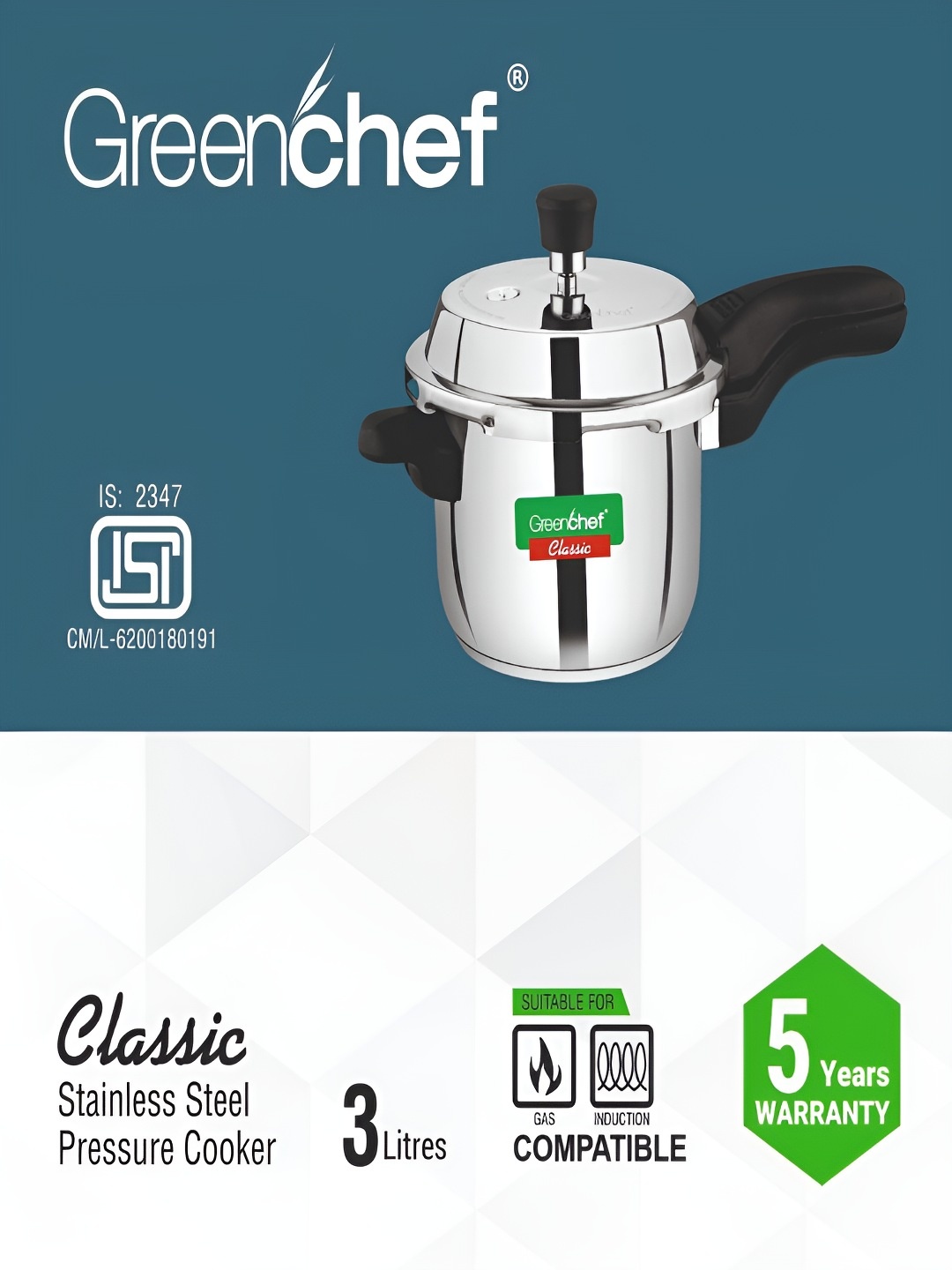 

Greenchef Silver-Toned & Black Stainless Steel Dishwasher Safe Pressure Cooker 3L