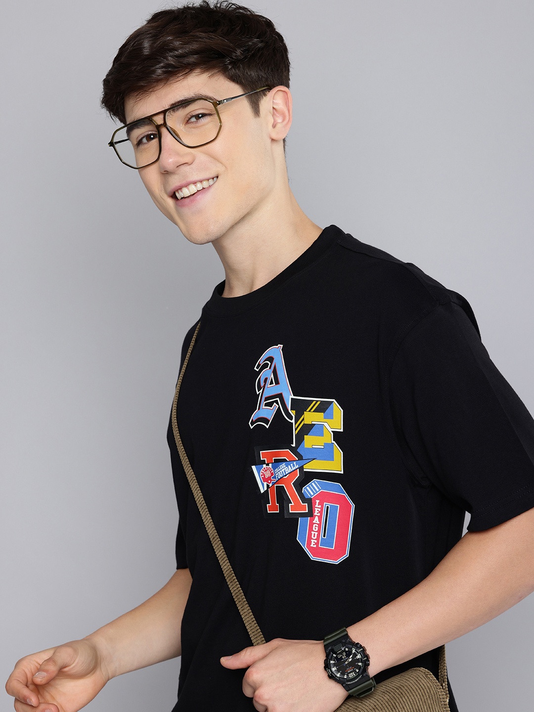 

Aeropostale Brand Logo Printed Drop-Shoulder Sleeves Pure Cotton Relaxed Fit T-shirt, Black