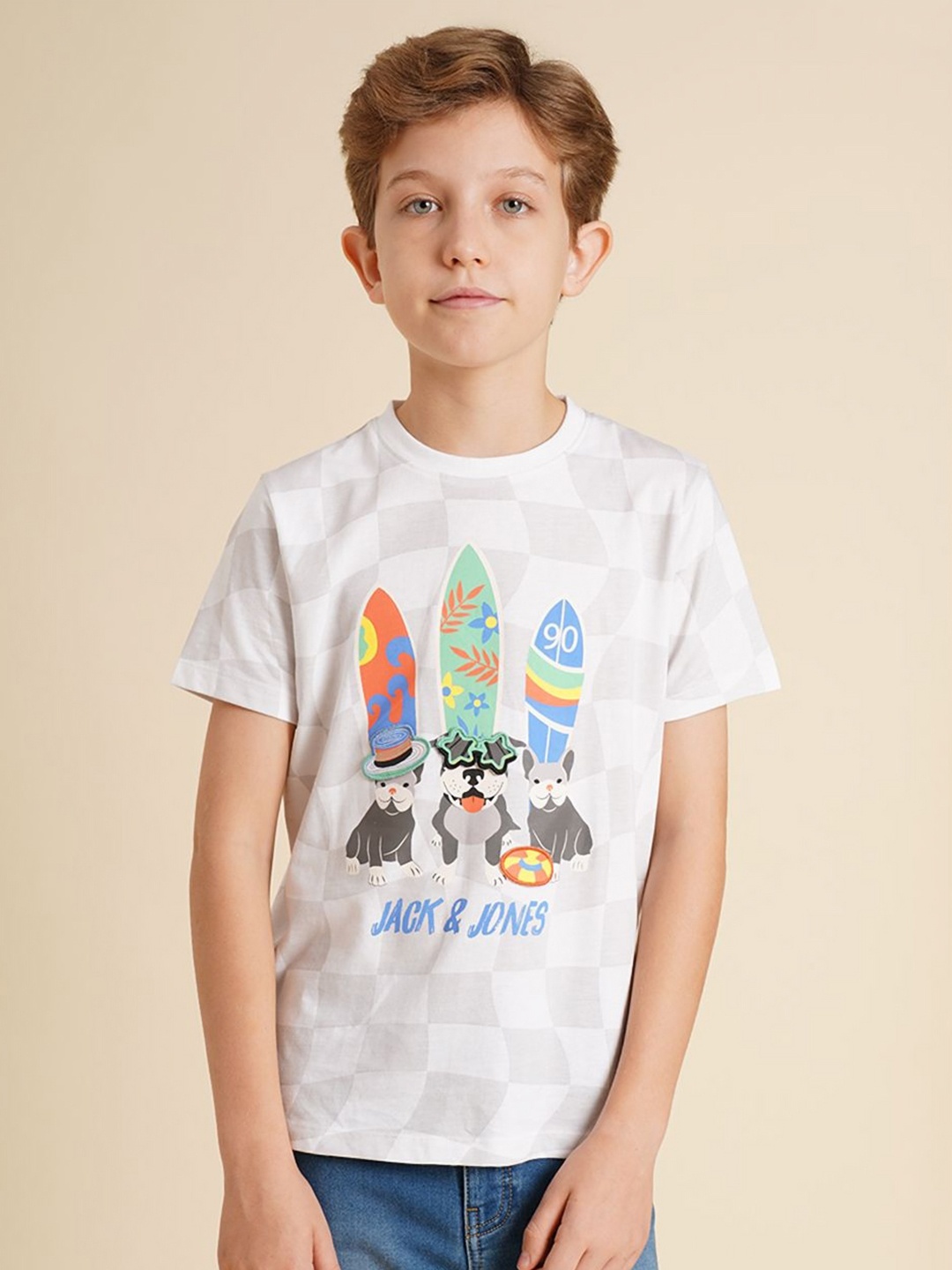

Jack & Jones Junior Boys Graphic Printed Round Neck Cotton T-shirt, White