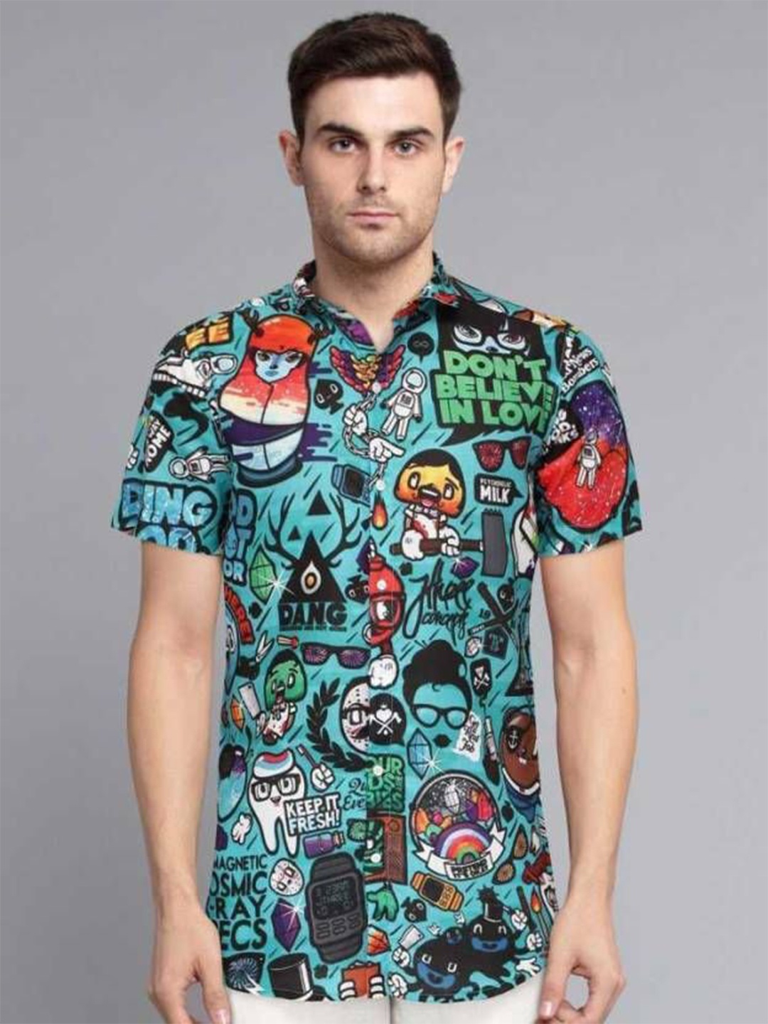 

iCome Men Spread Collar Graphic Printed Cotton Linen Casual Shirt, Blue
