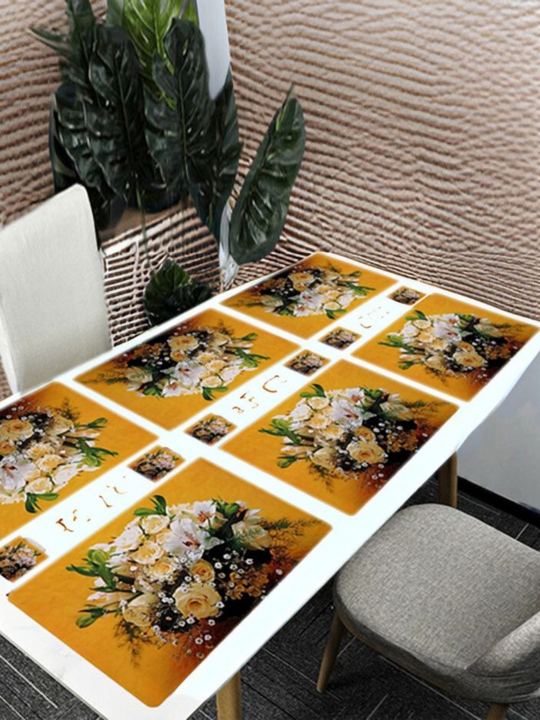 

REVEXO Yellow & White 12 Pcs Floral Printed Rectangular Shaped Coasters & Table Placemats