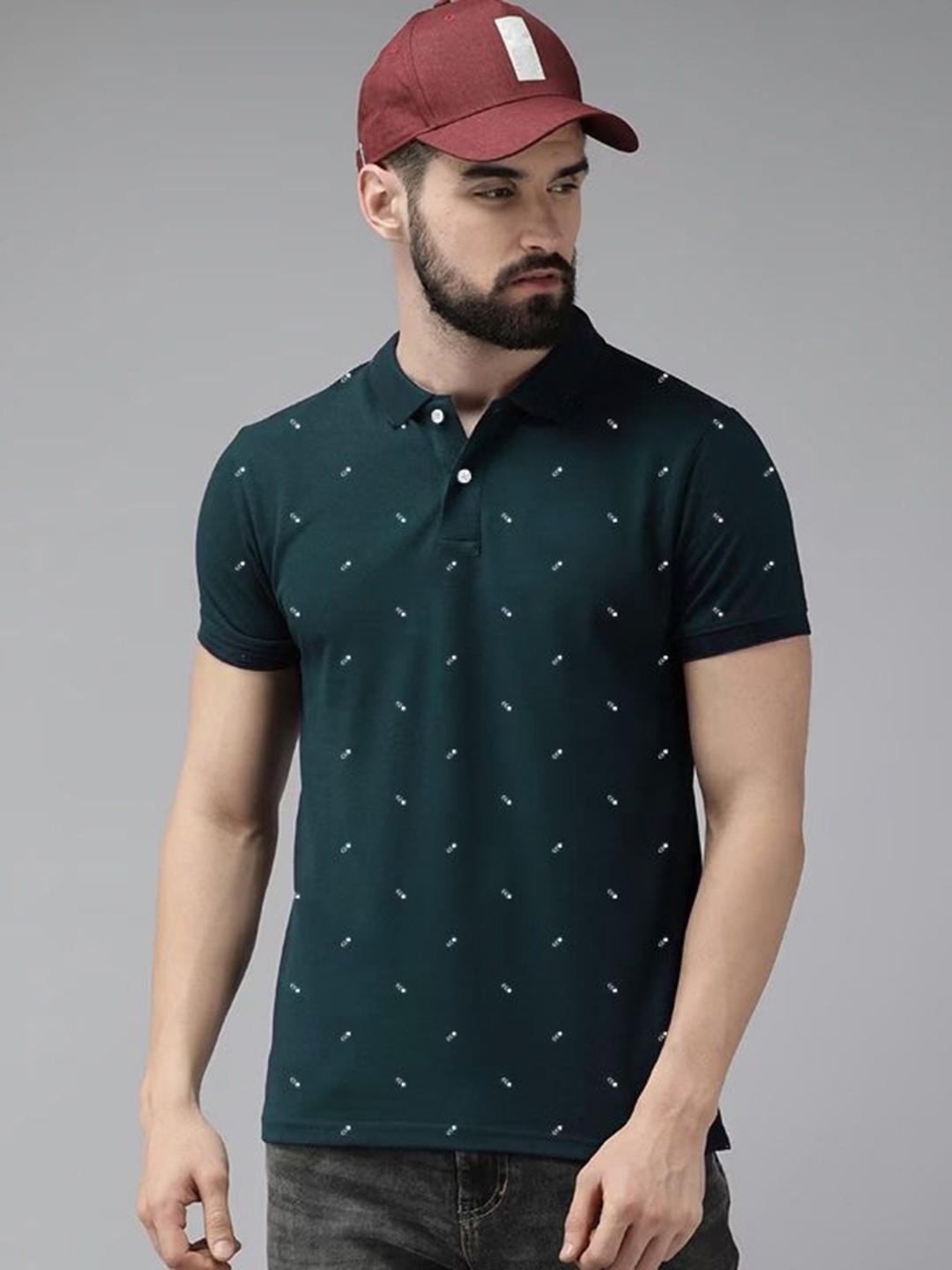 

MERRIMENT Men Geometric Printed Polo Collar Cotton T-shirt, Olive