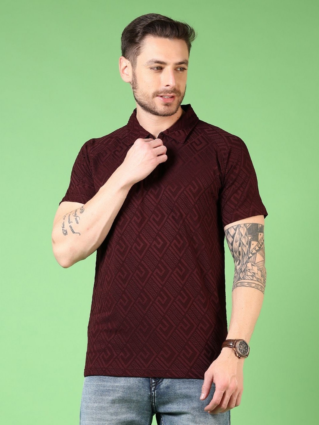 

V-Mart Men Geometric Printed Polo Collar Cotton T-shirt, Maroon