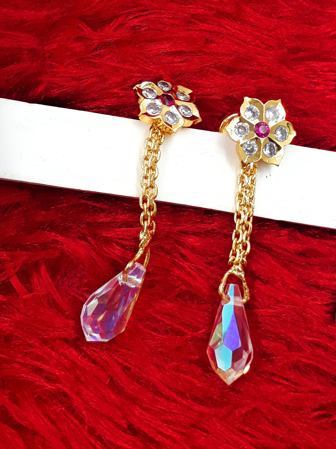 

Anujeet Fashion Hub Gold-Plated American Diamond Studded & Beaded Drop Earrings